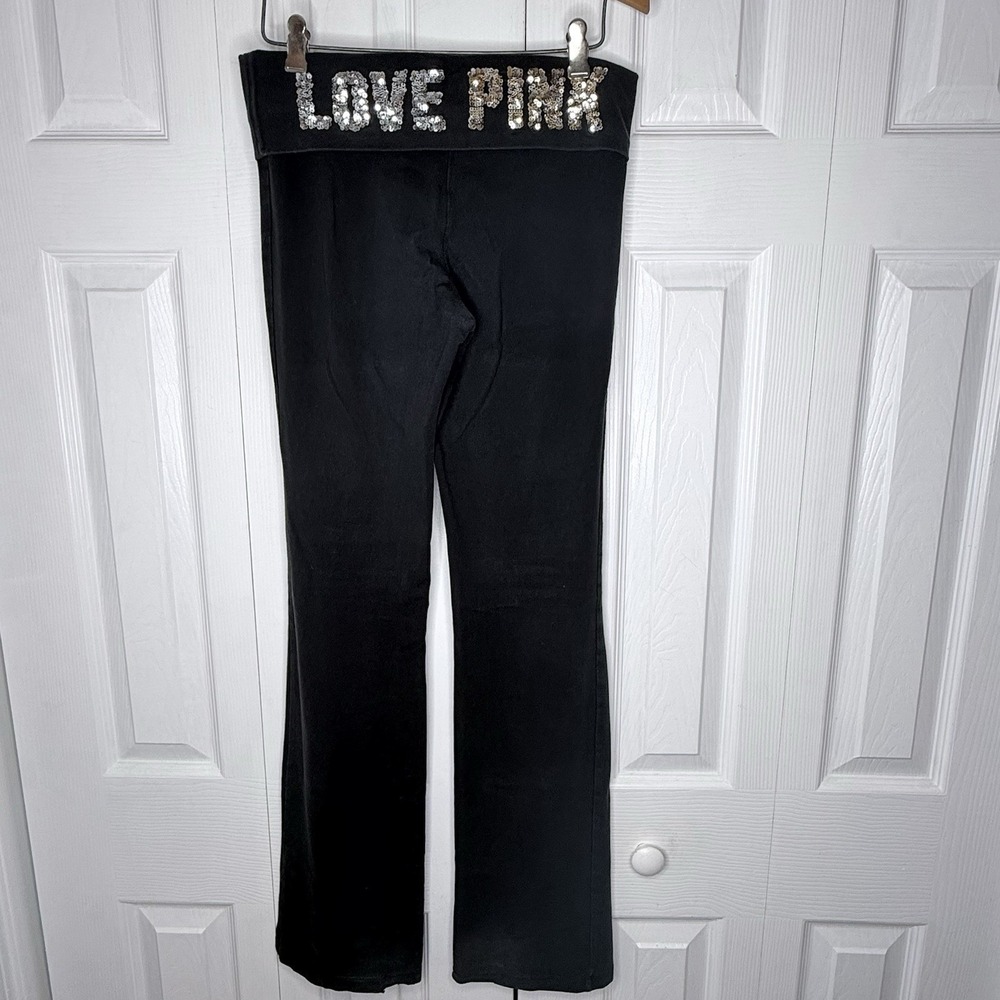 Y2K Victoria's Secret LOVE PINK Foldover  Flare Yoga Pants‎ Sz M  Sequin Black